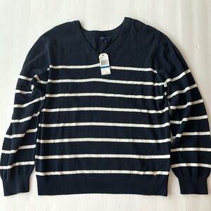 Nautica Top Navy Blue and White Stripes V Neck Long Sleeves 100% Cotton X-Large